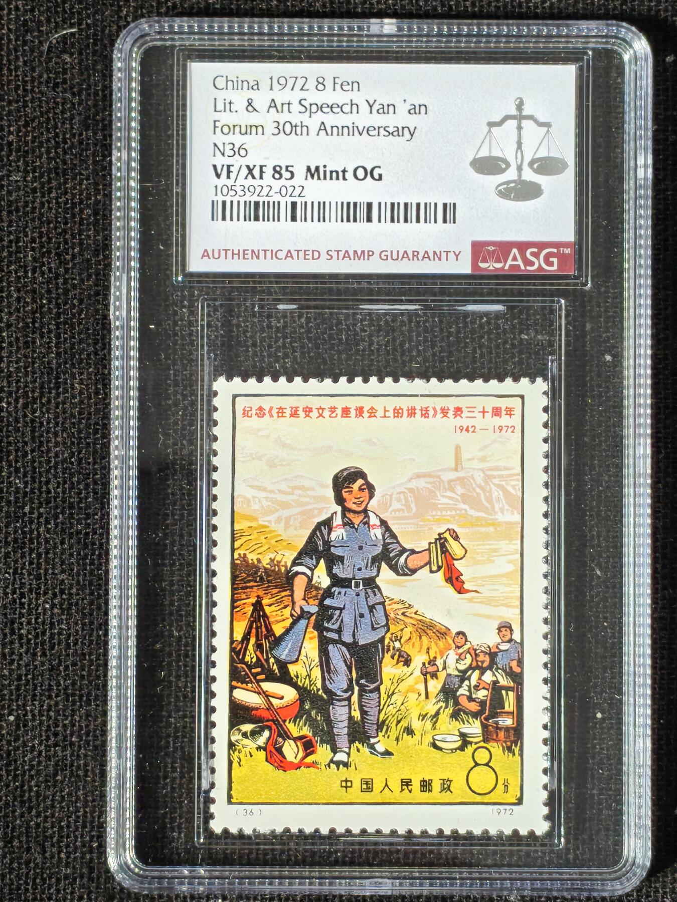 刘世昌艺术品销售中心～虎踞龙蟠*金杨在线联拍群第508期 1972年N33-38 《延安文艺座谈会上的讲话》 编号邮票（ASG VF/XF85 串号：1053922-025～017、019、020、022、024、027 ）一套6枚。