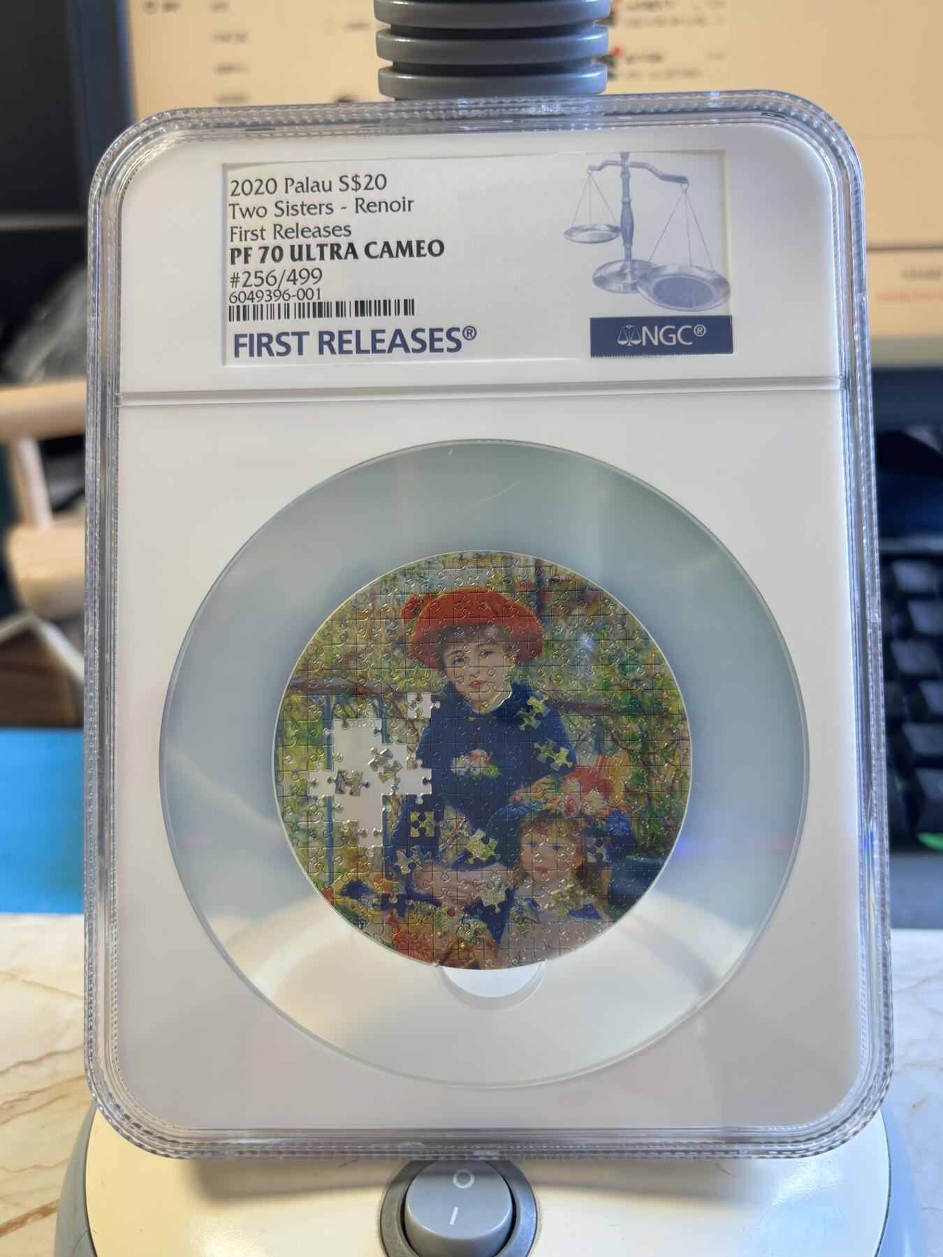 第180期拍卖【长期征集拍品】【北京币展专场】 获奖帕劳2020年拼图系列雷阿诺-两个姐妹3盎司银币NGC-PF70首原盒证书，获得2021年度钱币之星最佳原创技术币大奖第一枚，999银，发行499枚