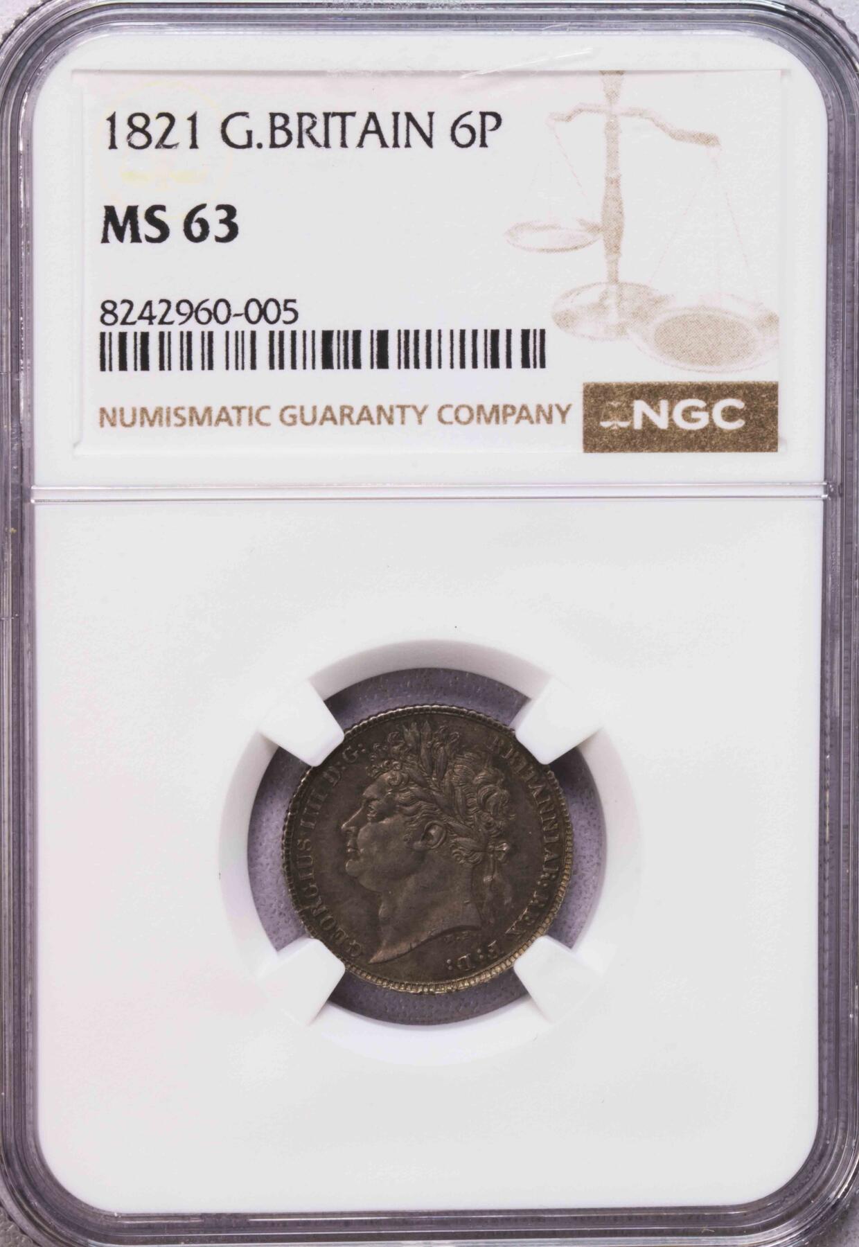 NGC-MS63 1821英国乔四6便士银币 五彩包浆
