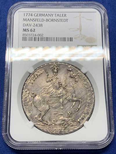 《竞宝斋》第434场 周日，周一2场连拍 （全场包邮） - NGC MS62 德国 1774年 曼斯菲尔德-博恩施泰特 骑士屠龙 泰勒大银币 单一年份  骑士鼻尖清晰 很难的品种