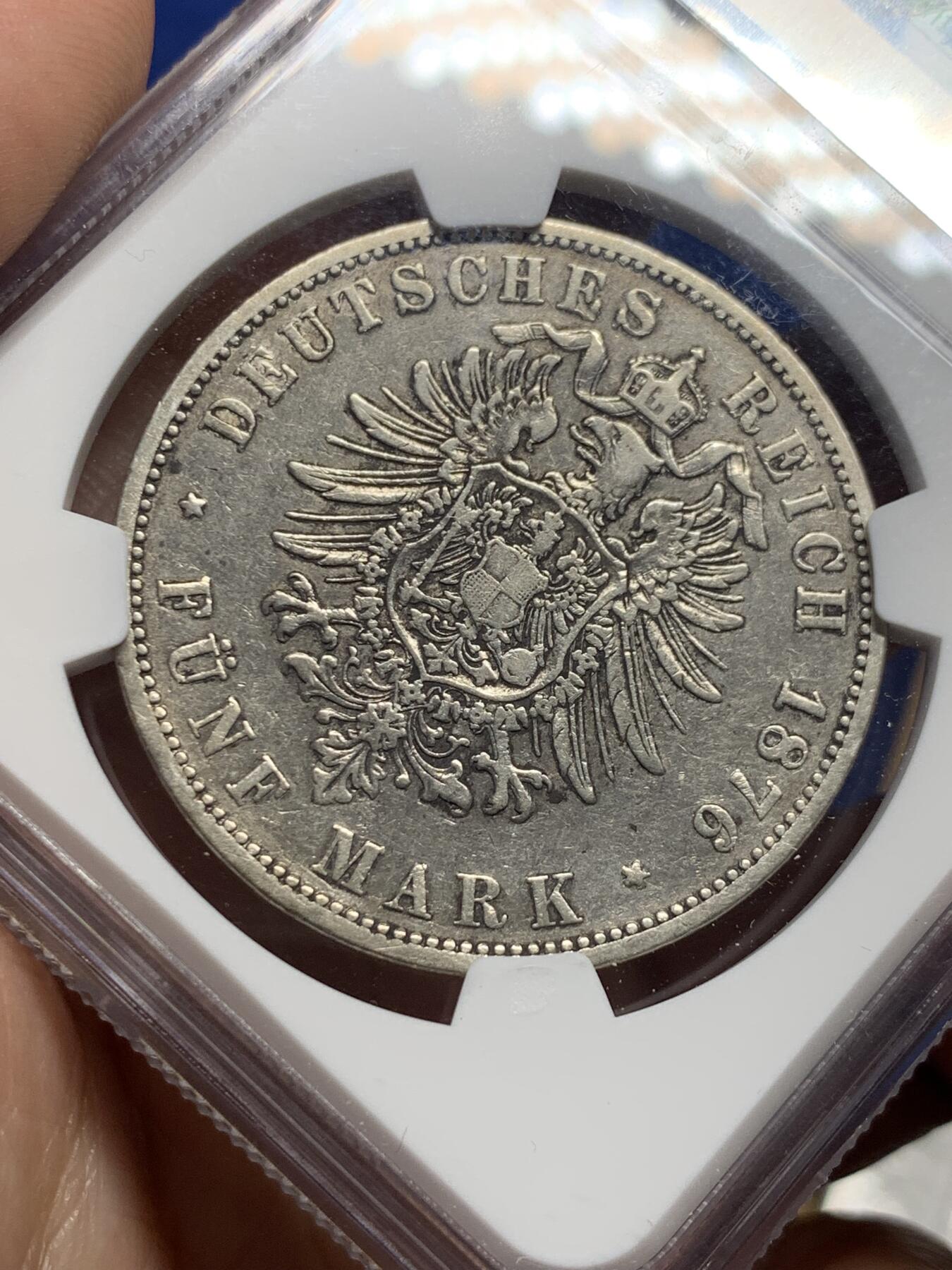 《竞宝斋》第434场 周日，周一2场连拍 （全场包邮） NGC VF30 德国 普鲁士 1876年 威廉一世 5马克银币