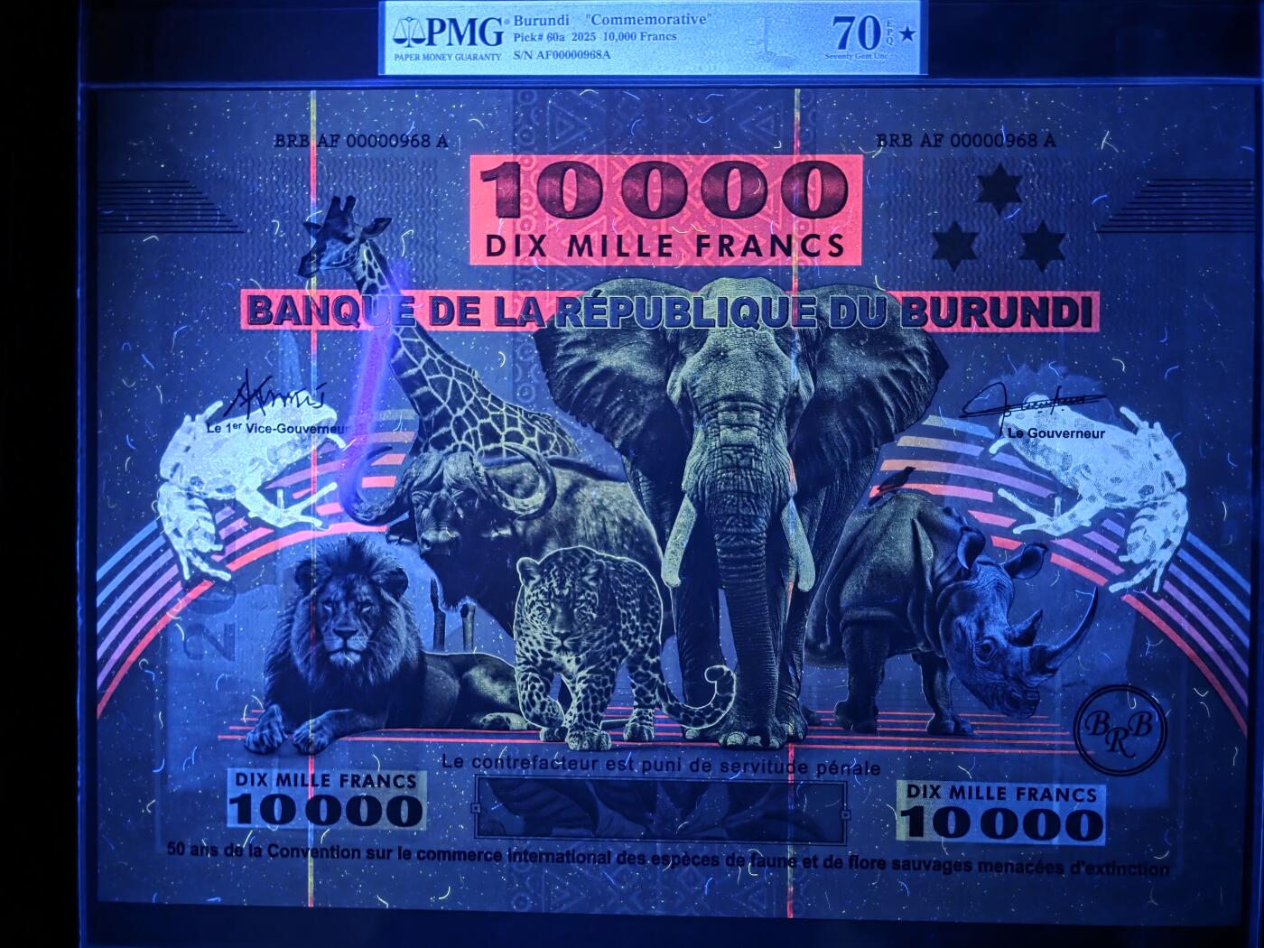 叁拾收藏第33期 布隆迪世界最大尺寸纸钞2025年  10000法郎 纪念钞  总发行1000张  968号 PMG70分 满分