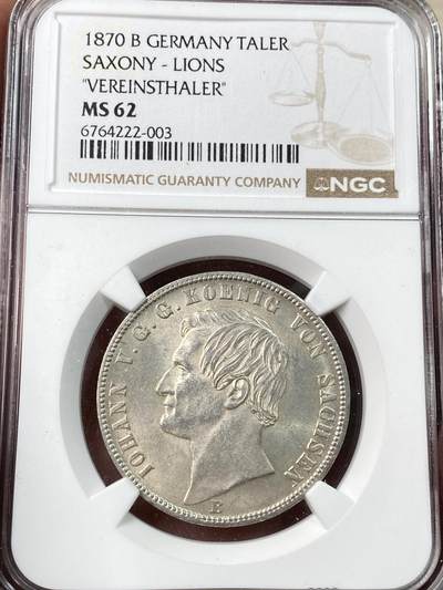 万国钱币拍卖第054期 - NGC MS62 1870年德国萨克森双狮盾徽流通1泰勒 原味黄油转光