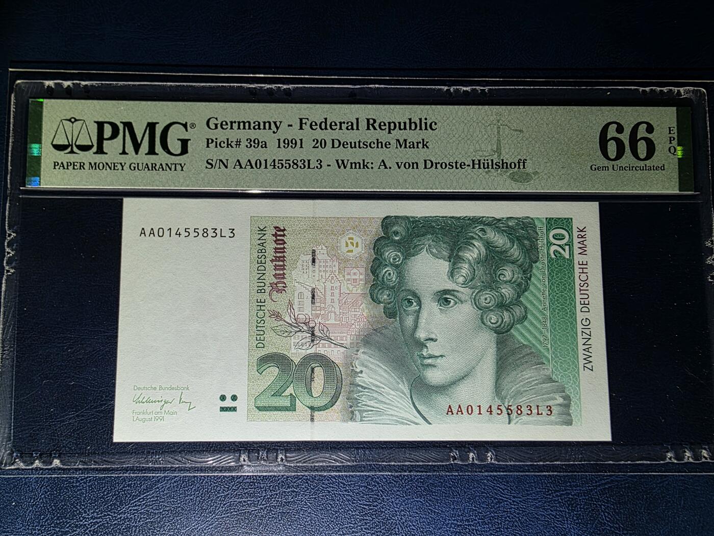 叁拾收藏第33期 德国1991年20马克AA首发字冠PMG66（女作家许尔斯霍夫）
