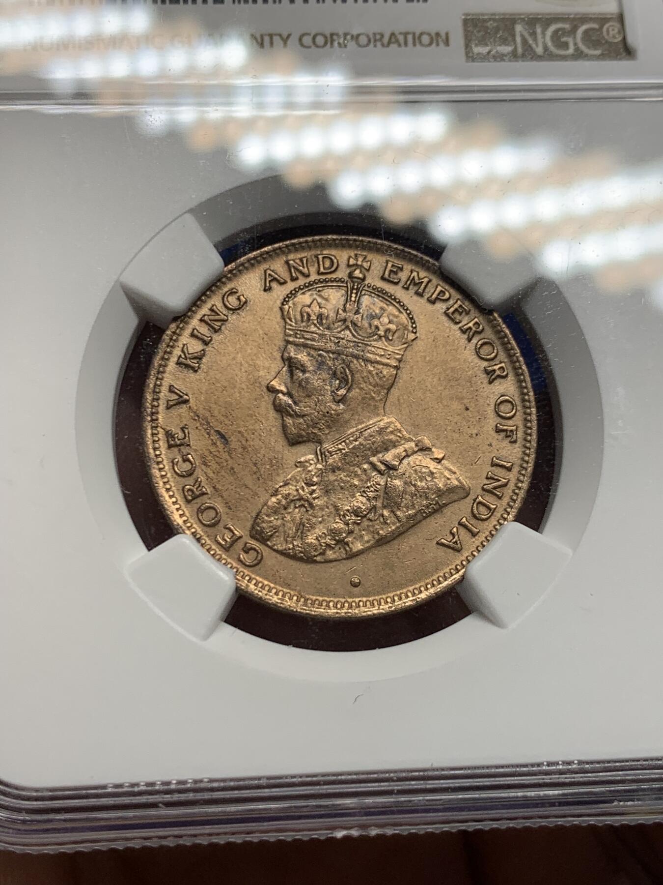 《竞宝斋》第434场 周日，周一2场连拍 （全场包邮） NGC UNCD 香港 1919H年 乔五 一仙 铜币 带原光 未使用 人像清晰 收藏佳品