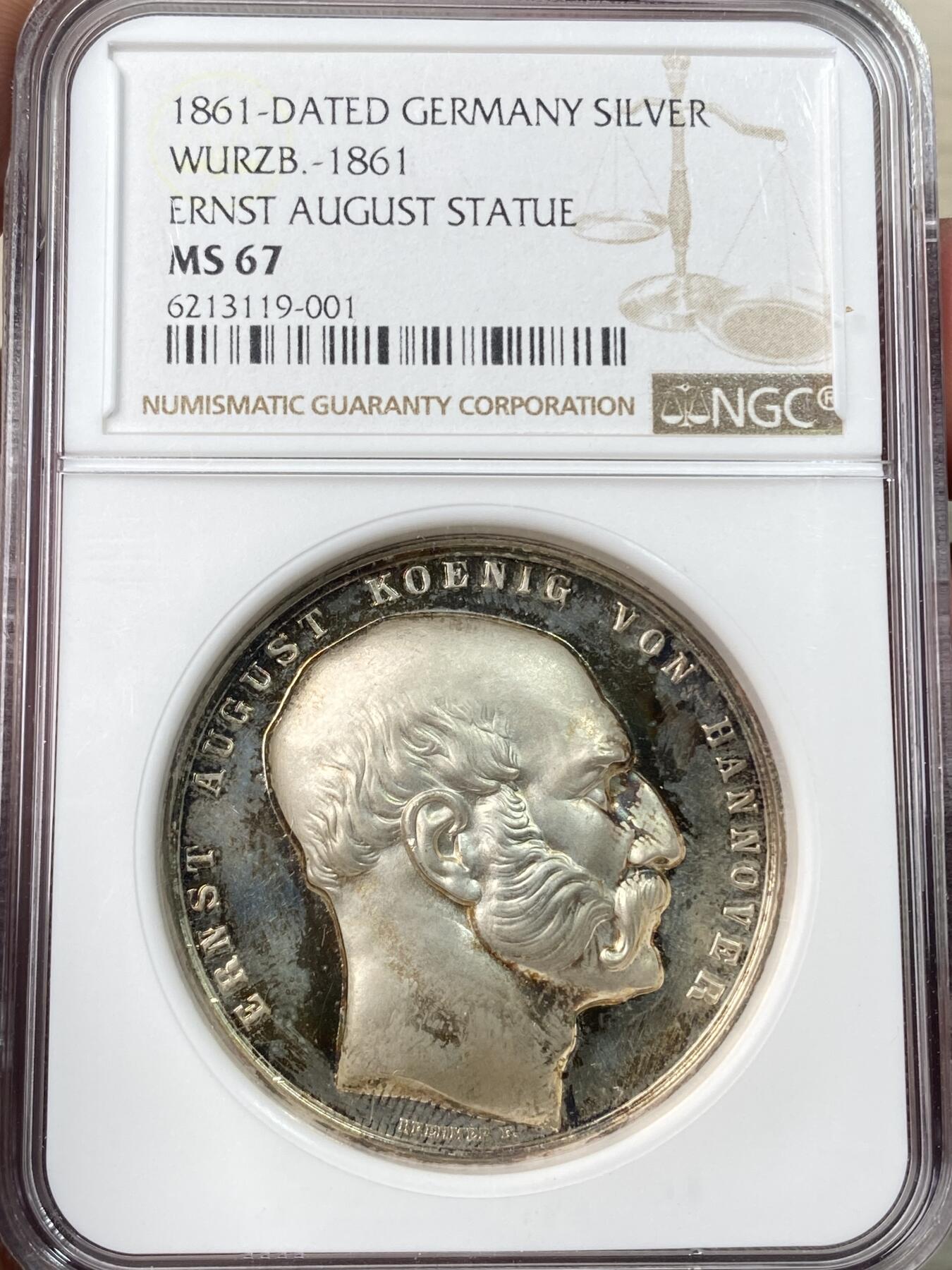 万国钱币拍卖第054期 NGC MS67 1861年德国汉诺威奥古斯特一世戎装铜像落成纪念大银章 后铸高浮雕精致1000银 顶级高分镜面精致