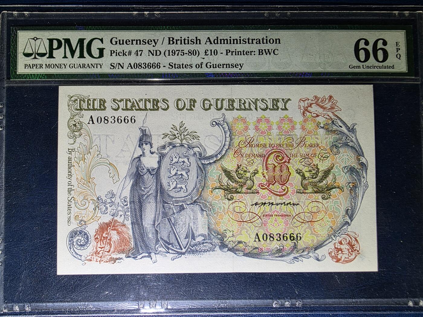 叁拾收藏第33期 根西花神10镑  无47豹子号666  PMG66分