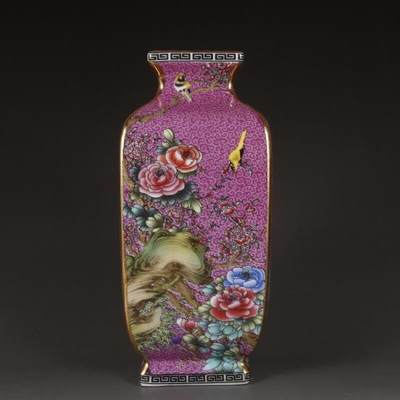 听雨轩（15） - 清乾隆珐琅彩浅紫粉色四方瓶摆件 高约26cm