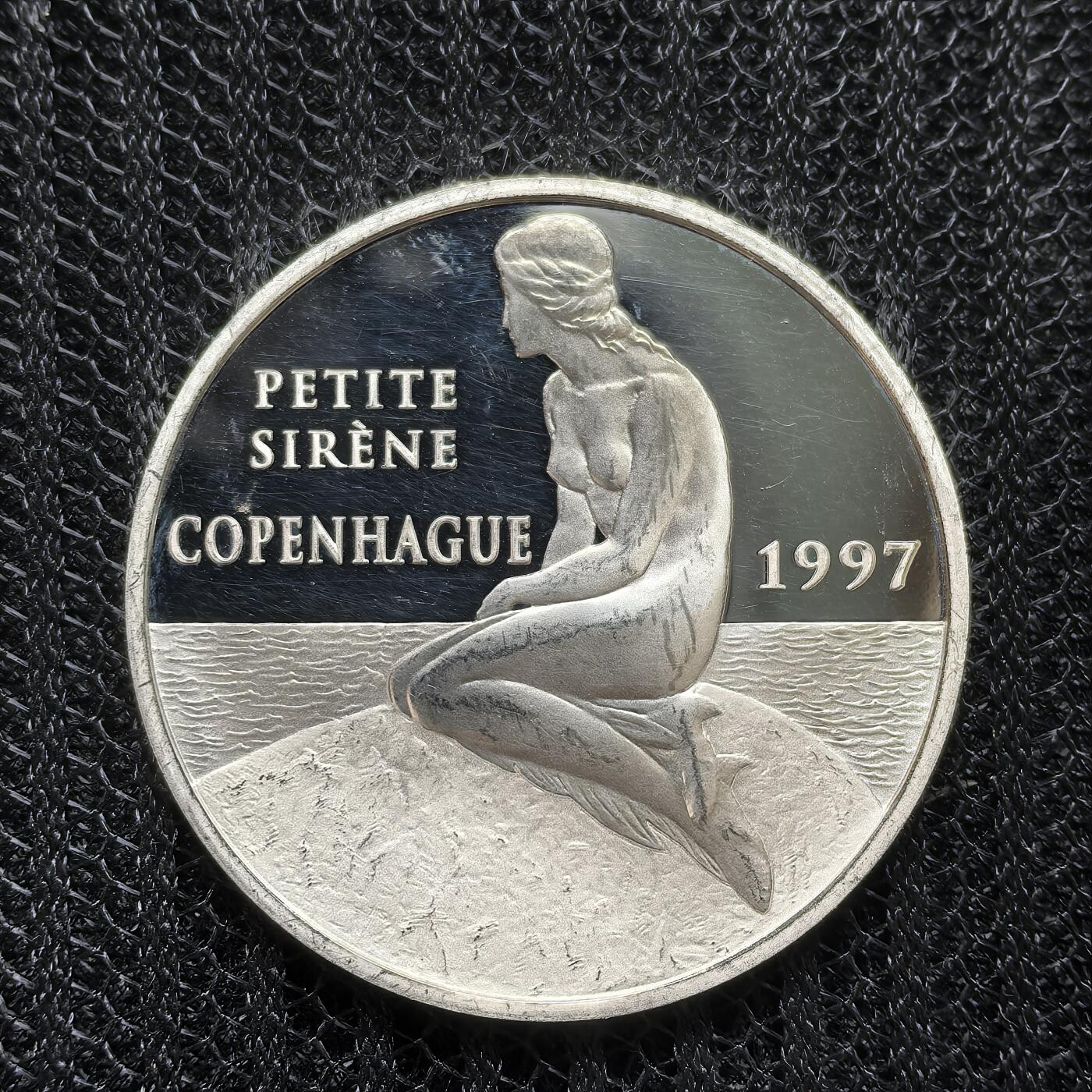 道一币馆币章第一百五十四场 法国1997年欧洲地标-哥本哈根的小美人鱼100法郎/15埃居精制银币  22.2g 900S