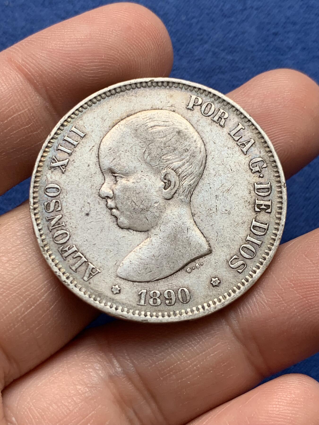 《竞宝斋》第434场 周日，周一2场连拍 （全场包邮） 西班牙 1890年 阿方索十三世 5比塞塔银币 流通状态