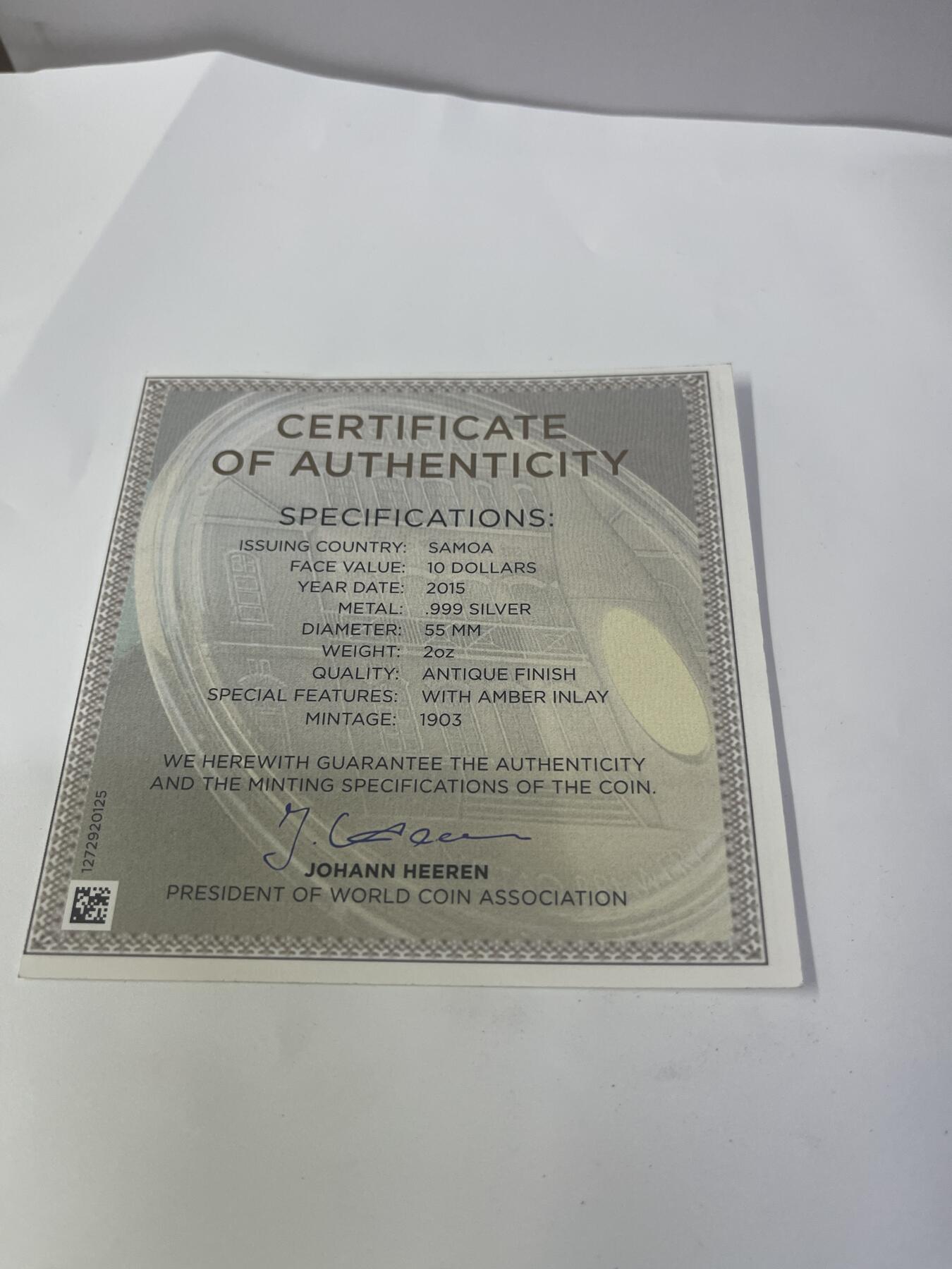 萨摩亚2015年 青岛啤酒镶嵌琥珀仿古2盎司精制银币