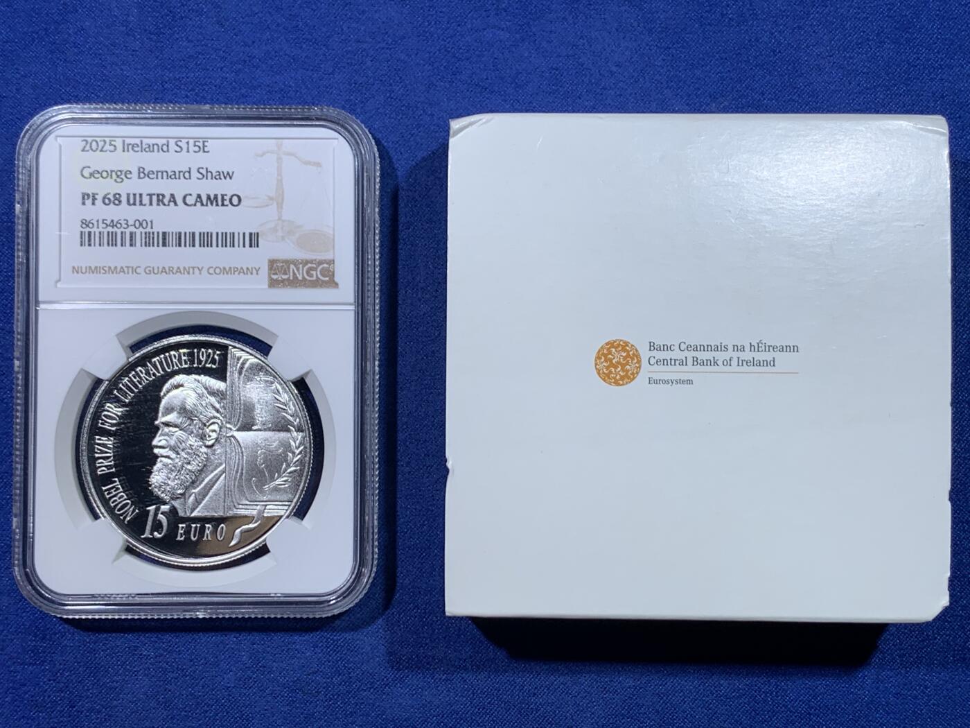 《竞宝斋》第434场 周日，周一2场连拍 （全场包邮） NGC PF68UC 爱尔兰2025年乔治.萧伯纳获得诺贝尔文学奖100周年15欧精制纪念银币（28.28克重，925银，币径38.61MM，发行量3千枚，盒证齐全）