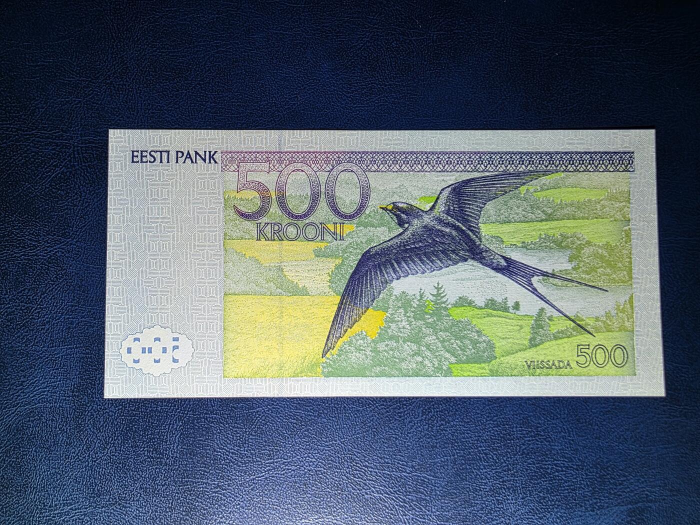 叁拾收藏第33期 爱沙尼亚1996年500克朗  经典品种小燕子  UNC--（有荧光斑）
