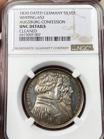 万国钱币拍卖第054期 - NGC UNCD 1830年德国奥格斯堡宗教改革300周年纪念银章 马丁路德与奥格斯堡主教法尔茨双人像与教堂景观 镜面精铸