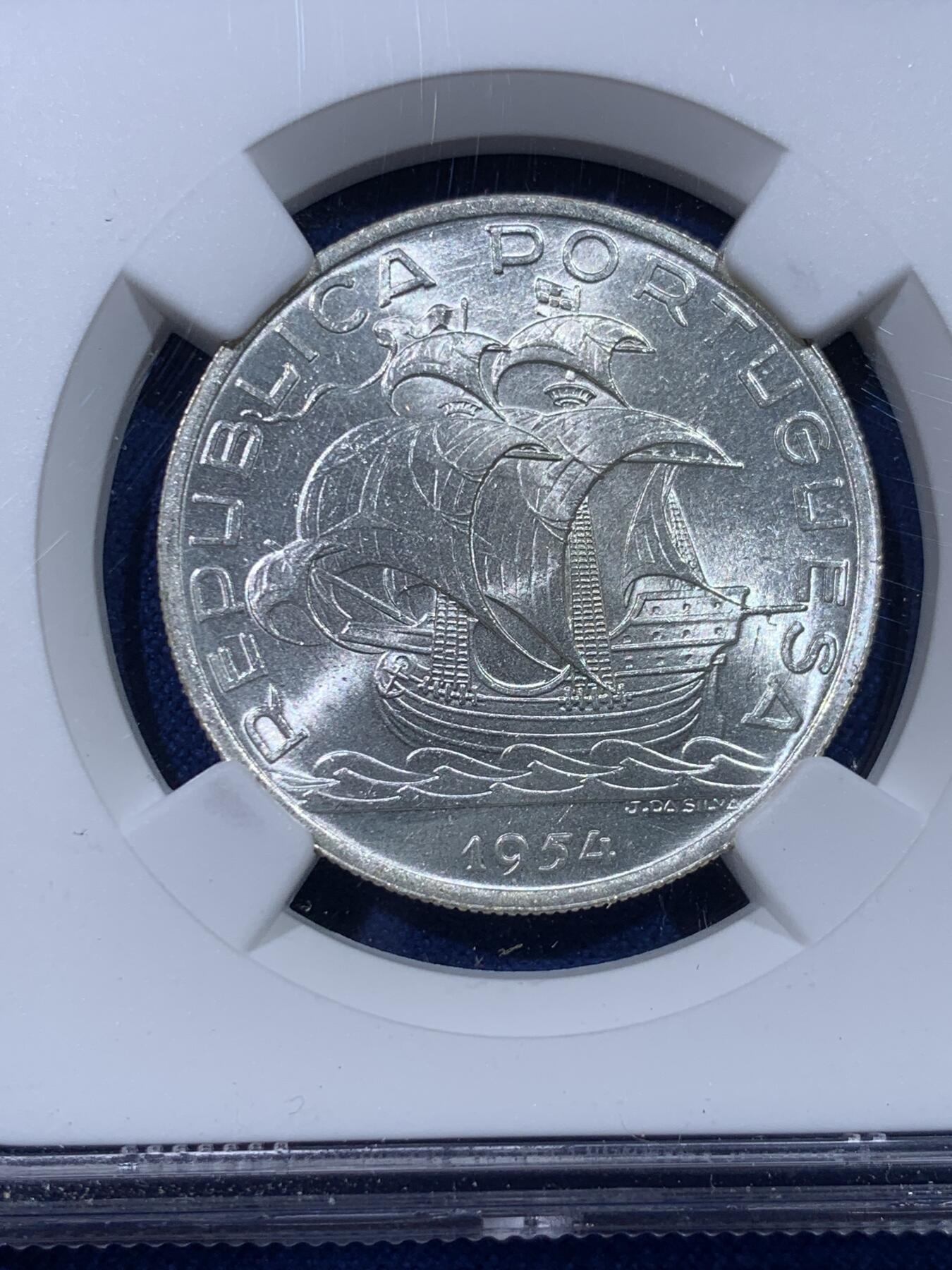 《竞宝斋》第434场 周日，周一2场连拍 （全场包邮） NGC MS65 葡萄牙1954年10埃斯库多大航海帆船银币 卷拆原光