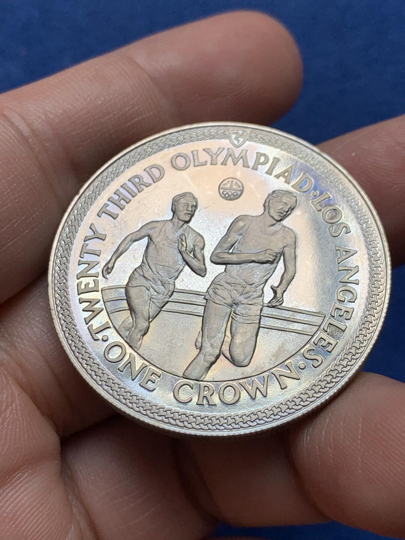 《竞宝斋》第434场 周日，周一2场连拍 （全场包邮） 英属马恩岛1984年洛杉矶夏季奥运会1克朗精铸 全新 38mm