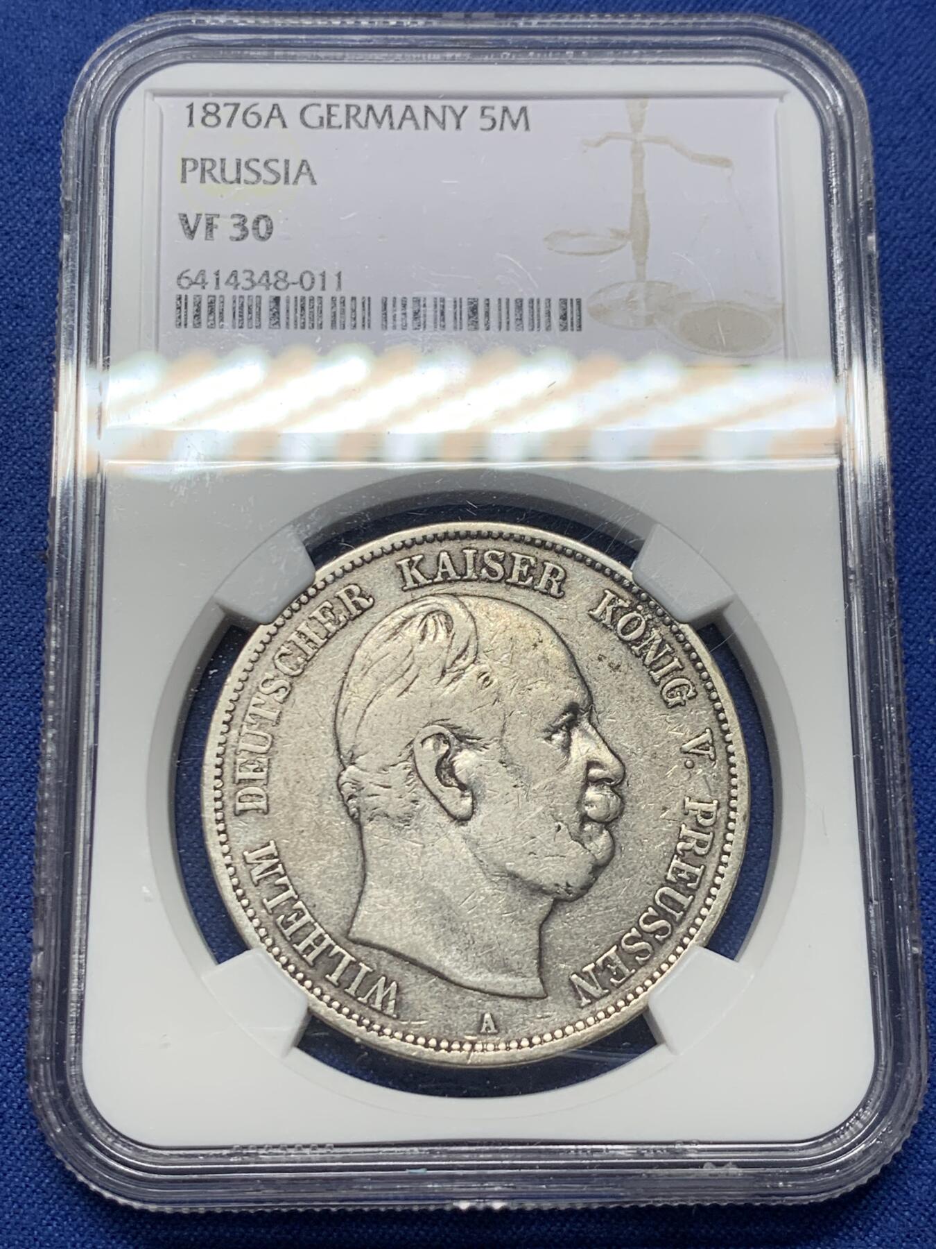 《竞宝斋》第434场 周日，周一2场连拍 （全场包邮） NGC VF30 德国 普鲁士 1876年 威廉一世 5马克银币