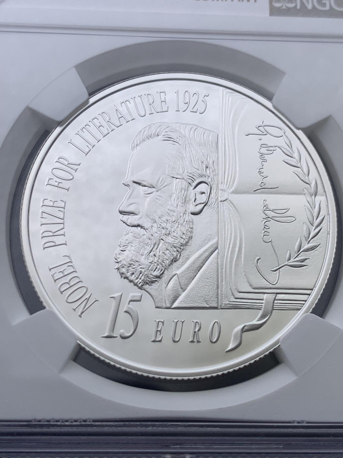 《竞宝斋》第434场 周日，周一2场连拍 （全场包邮） NGC PF68UC 爱尔兰2025年乔治.萧伯纳获得诺贝尔文学奖100周年15欧精制纪念银币（28.28克重，925银，币径38.61MM，发行量3千枚，盒证齐全）