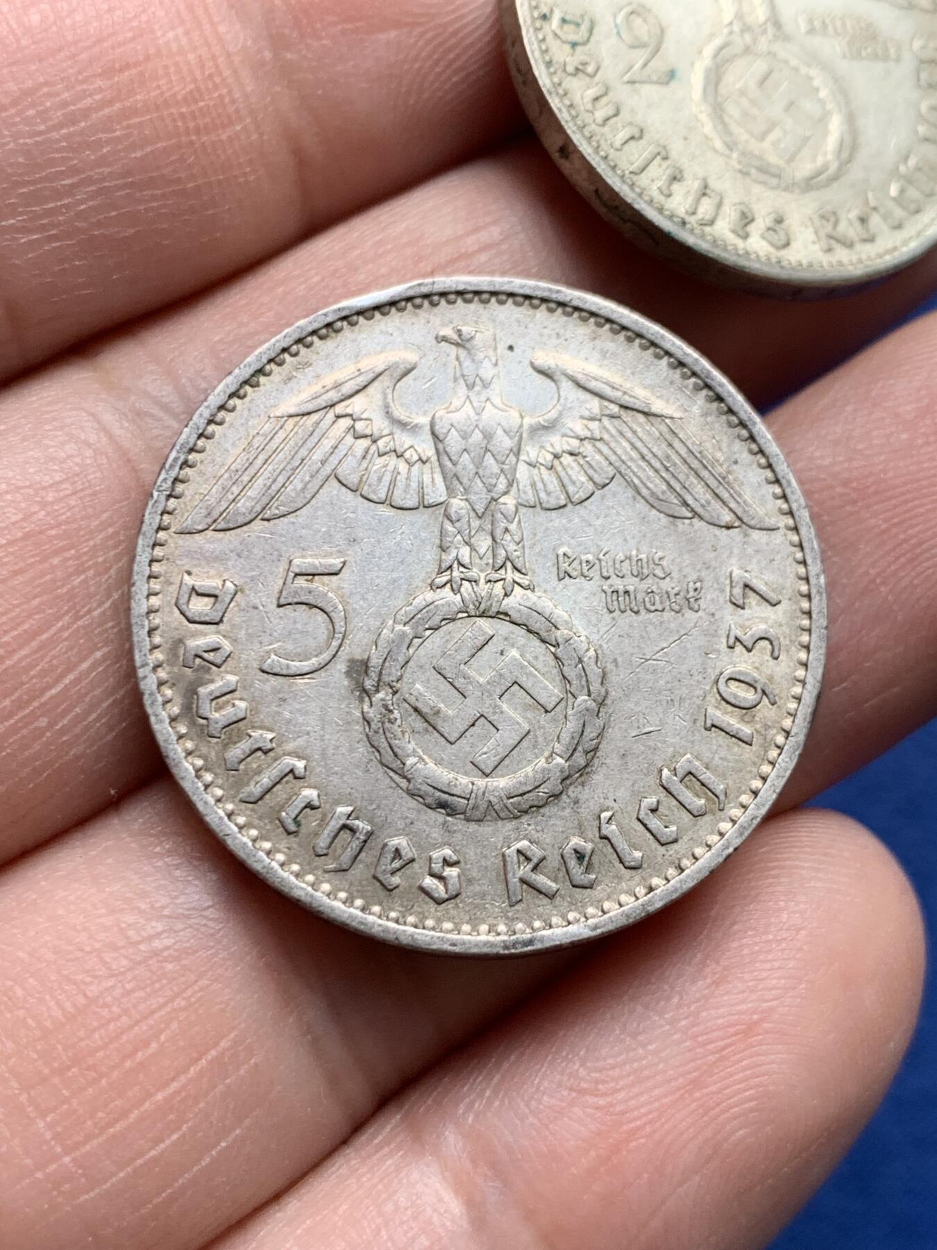 《竞宝斋》第434场 周日，周一2场连拍 （全场包邮） 两枚一组 德国兴登堡银币 1937年F版5马克+1938年B版2马克