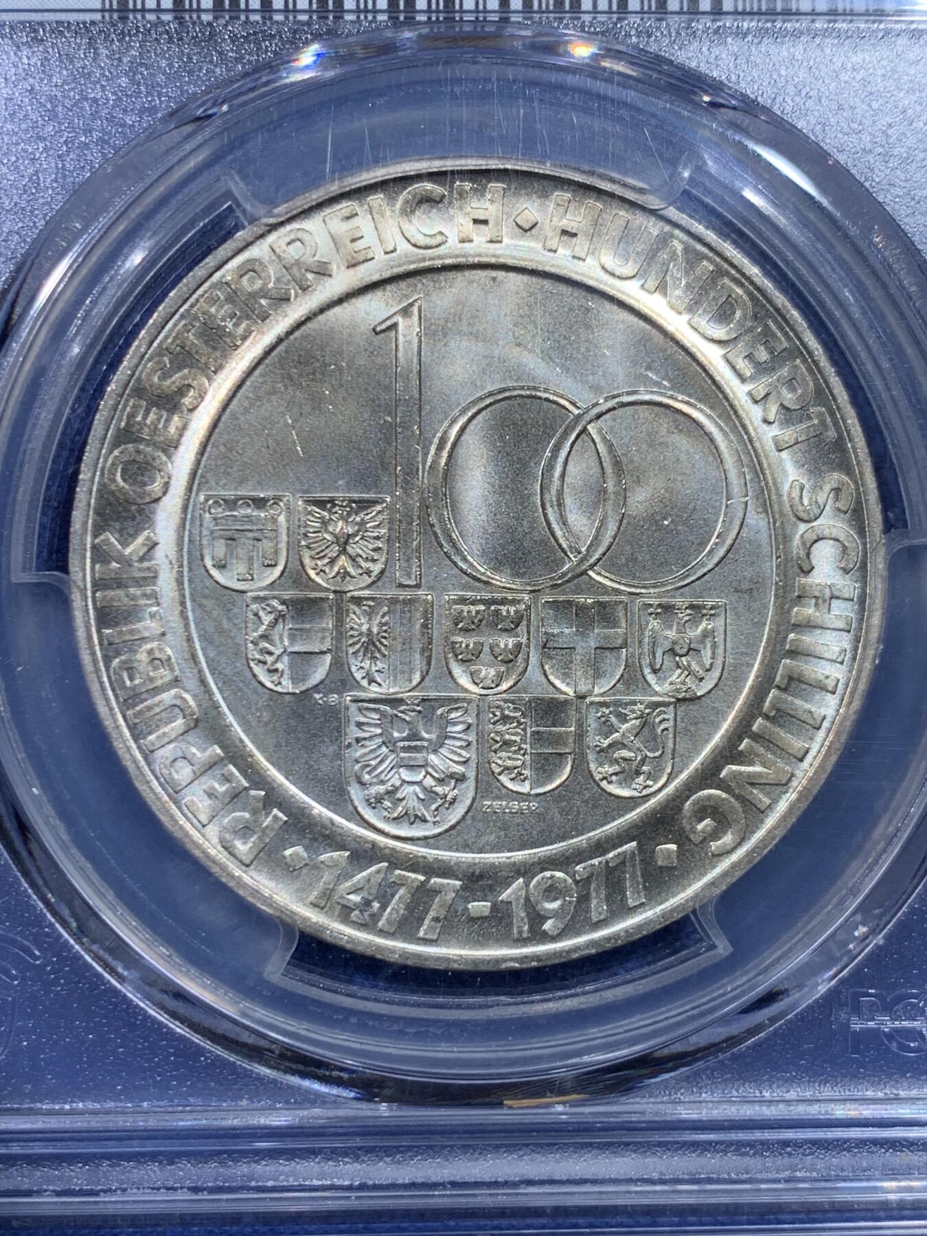 《竞宝斋》第434场 周日，周一2场连拍 （全场包邮） PCGS MS66 奥地利1977年萨尔茨堡建市500周年100先令纪念银币 卷拆原光