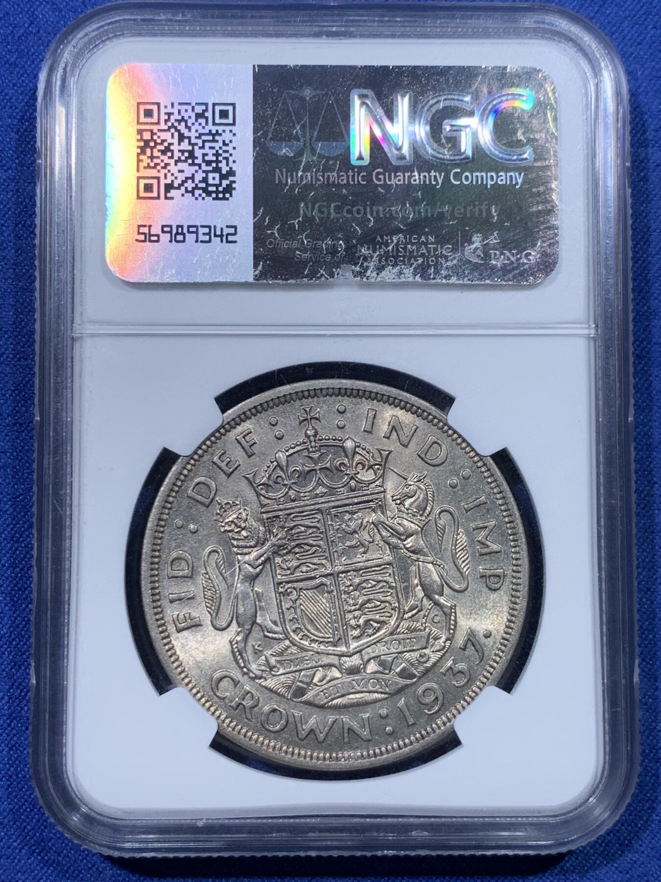 《竞宝斋》第434场 周日，周一2场连拍 （全场包邮） NGC MS63 英国1937年乔治六世登基1克朗银币，细节优秀。