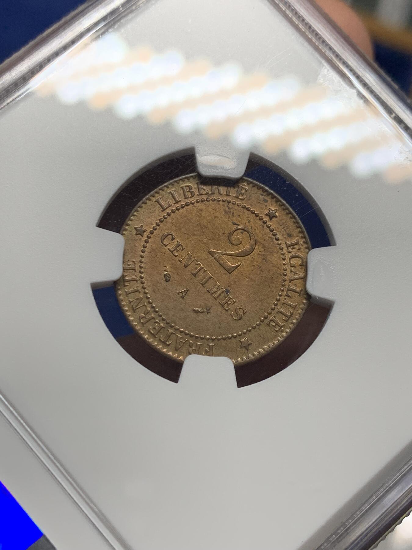 《竞宝斋》第434场 周日，周一2场连拍 （全场包邮） NGC MS62 法国1890年谷物女神2分铜币 稀少