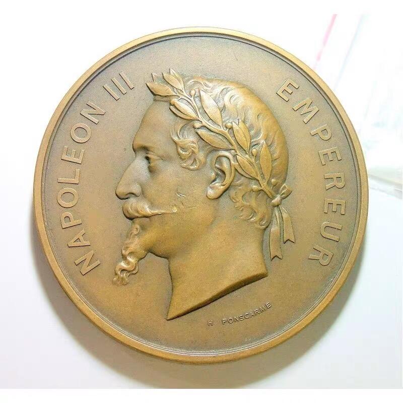 【艺术】法国艺术大章1859年 拿破仑三世+女神 高浮雕精制超大铜章 73MM 195克