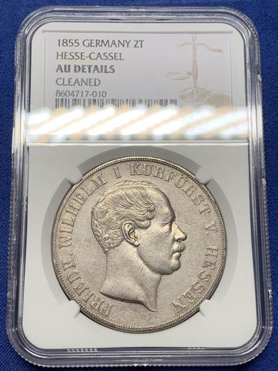 《竞宝斋》第434场 周日，周一2场连拍 （全场包邮） - NGC AU 德国 1855年 黑森卡塞尔 2泰勒大银币 37克大窗帘 细节保存的很好