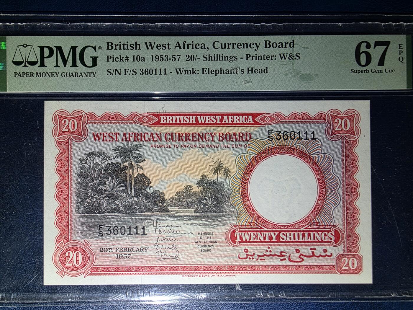 叁拾收藏第33期 英属西非1953--1957年20先令   无47豹子号111  PMG67分  冠军分  少见稀缺品种