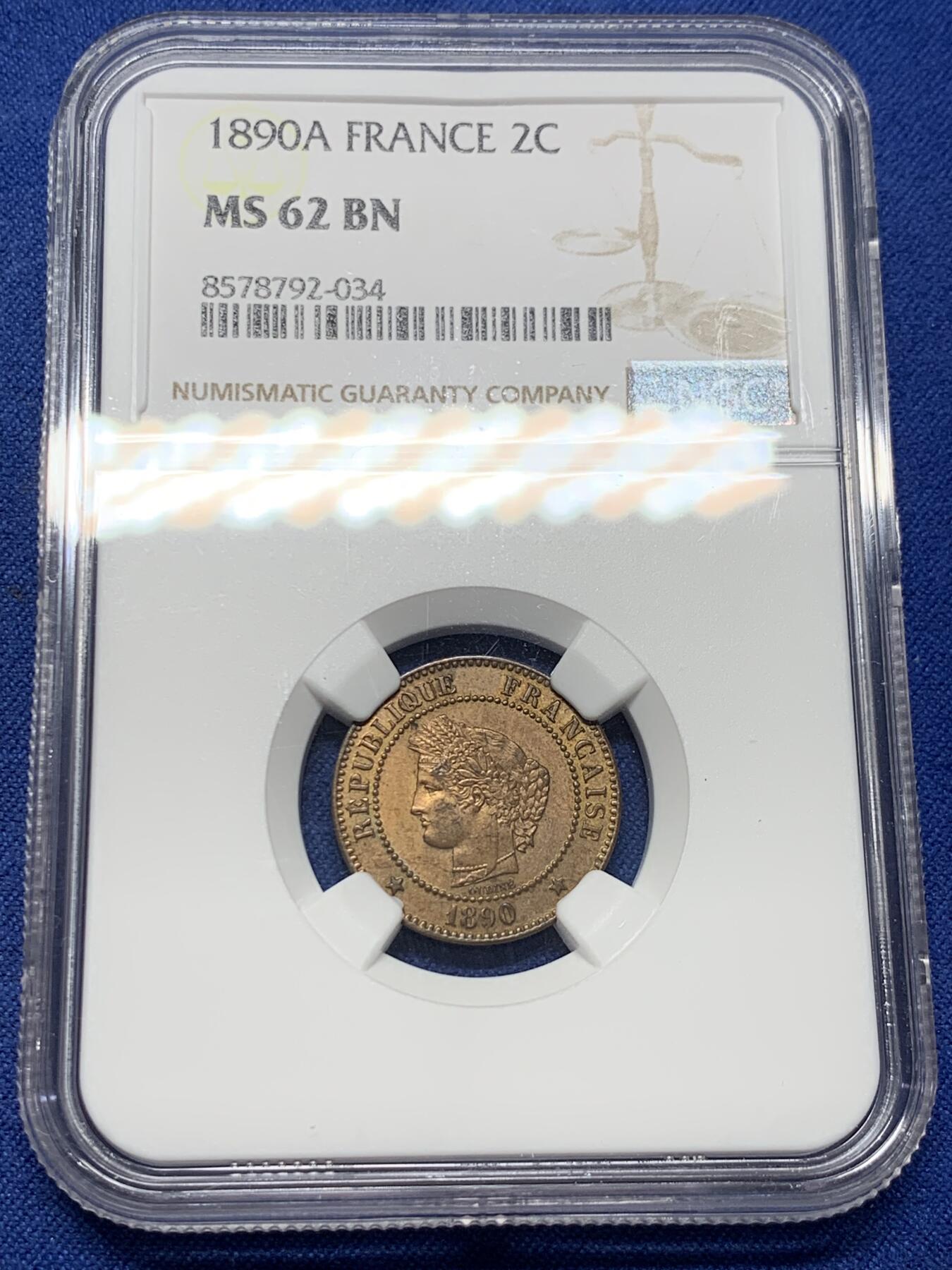 《竞宝斋》第434场 周日，周一2场连拍 （全场包邮） NGC MS62 法国1890年谷物女神2分铜币 稀少