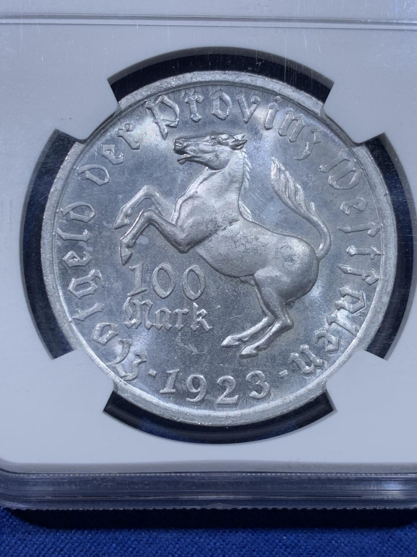 《竞宝斋》第434场 周日，周一2场连拍 （全场包邮） NGC MS63 德国德紧时期1923年女诗人100马克，浮雕立体，性价比高。