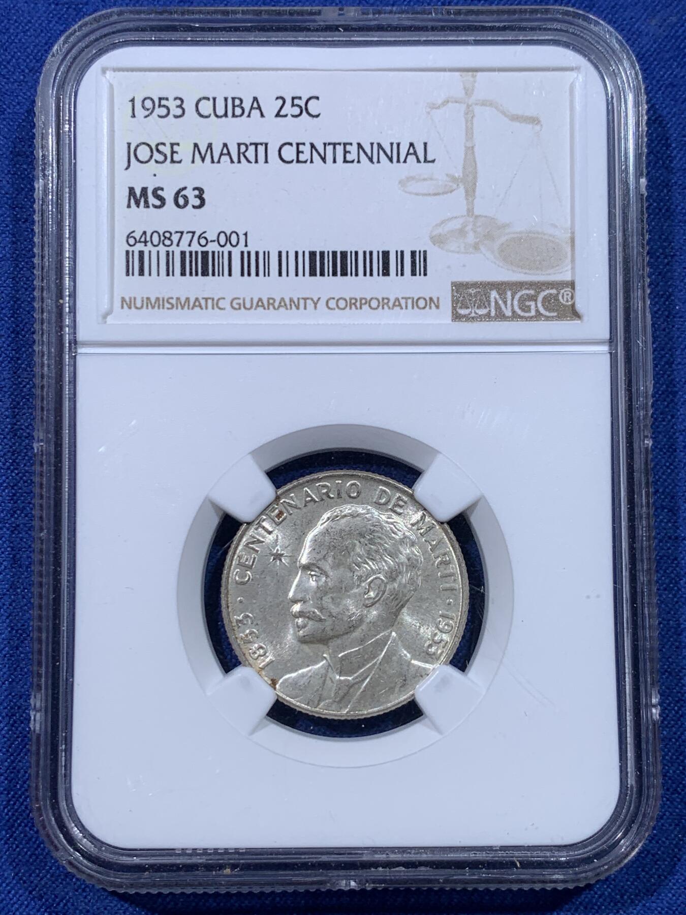 《竞宝斋》第434场 周日，周一2场连拍 （全场包邮） NGC MS63 古巴1953年纪念何塞·马蒂25分小银币 原光