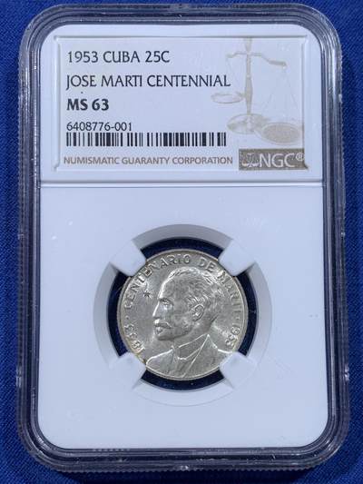 《竞宝斋》第434场 周日，周一，周二 3场连拍 （全场包邮） - NGC MS63 古巴1953年纪念何塞·马蒂25分小银币 原光