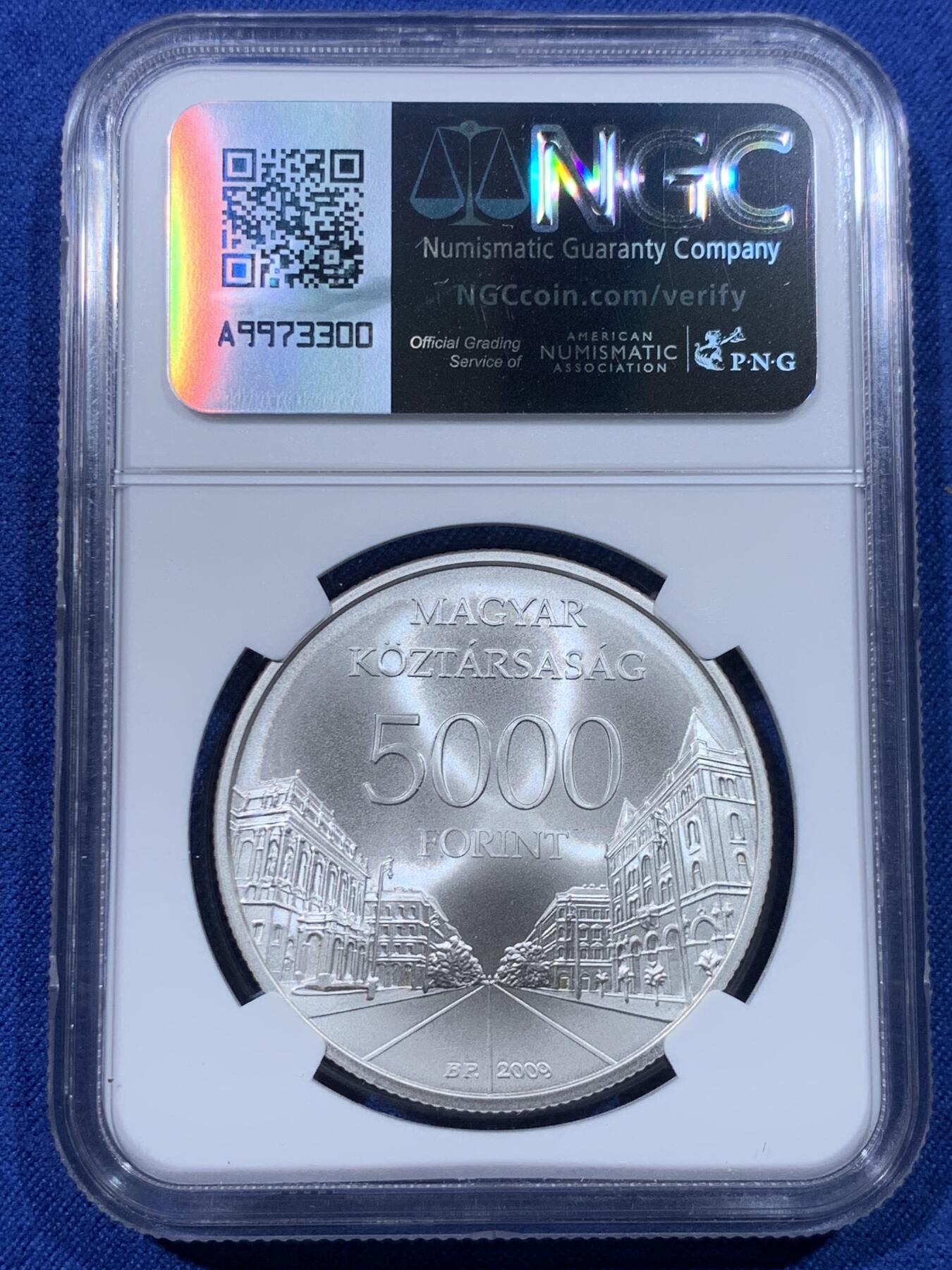 《竞宝斋》第434场 周日，周一2场连拍 （全场包邮） NGC MS69 克劳斯获奖币 匈牙利联合国教科文组织世界遗产 2009年布达佩斯5000福林普制银币 31.46g 925银 发行量4000枚