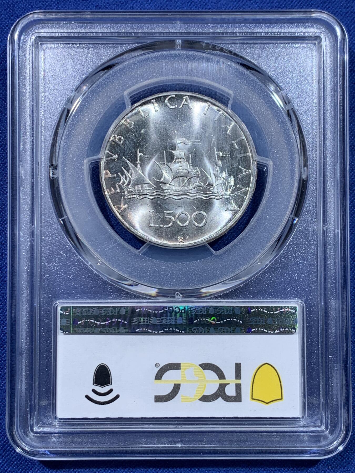 《竞宝斋》第434场 周日，周一2场连拍 （全场包邮） PCGS MS65 意大利1967年人妻帆船500里拉银币