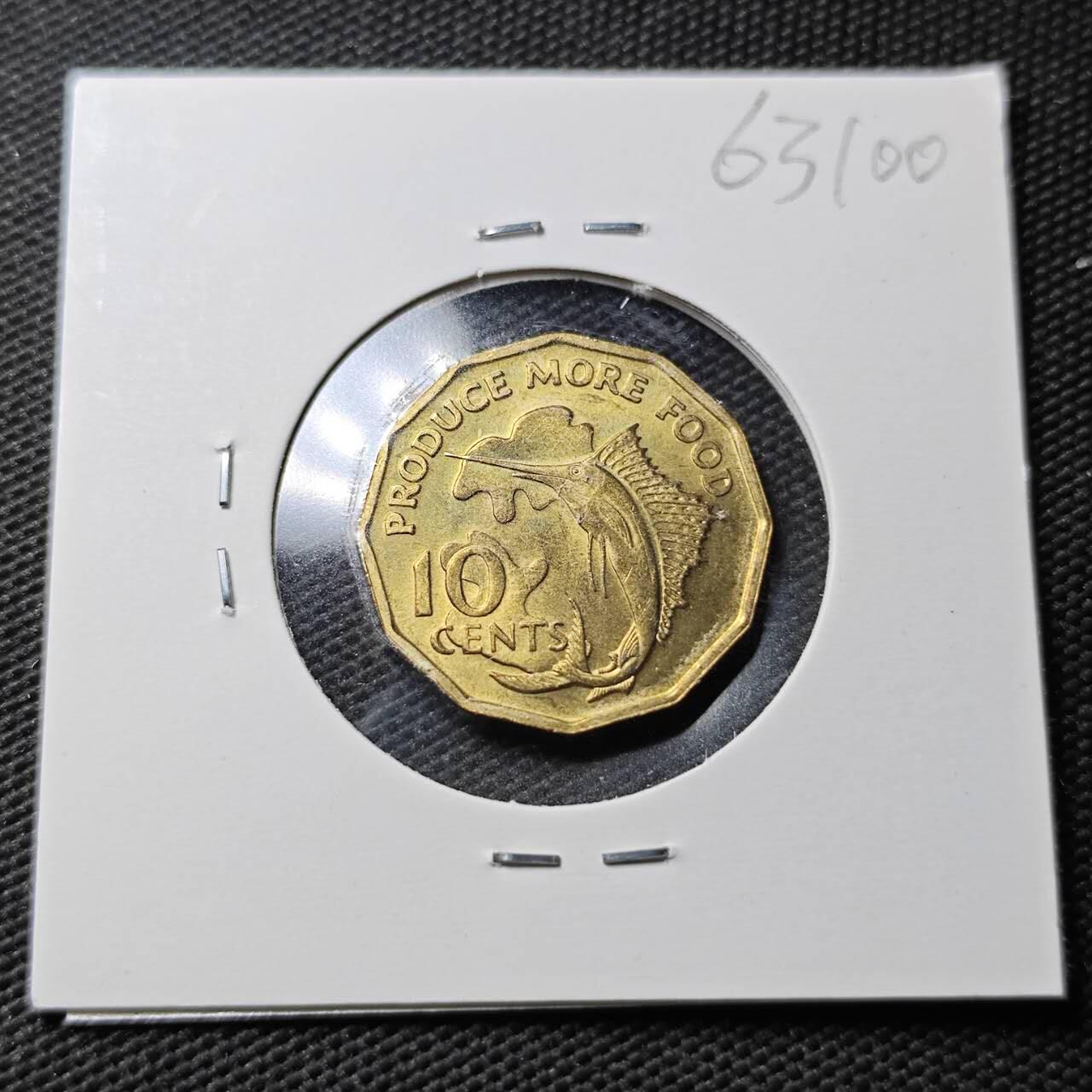 KK钱币收藏小铺  第363场  2月预留时间 周末发货  1977塞舌尔10分铜币 剑鱼