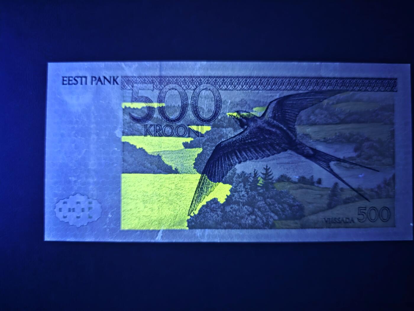 叁拾收藏第33期 爱沙尼亚1996年500克朗  经典品种小燕子  UNC--（有荧光斑）