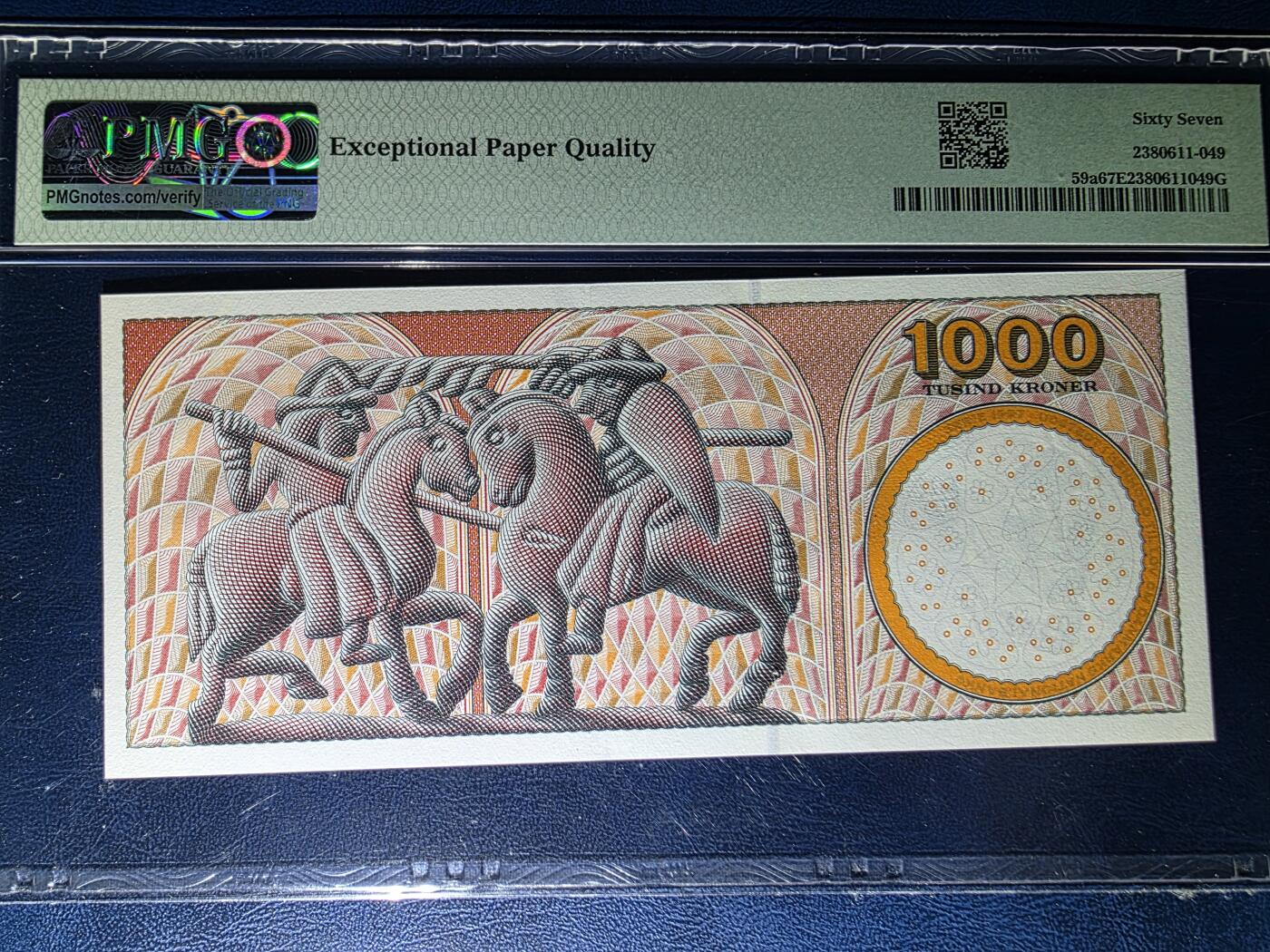 叁拾收藏第33期 丹麦1998年初版A0首发字冠浮雕版1000克朗PMG67（画家安切尔夫妇，全程无4）