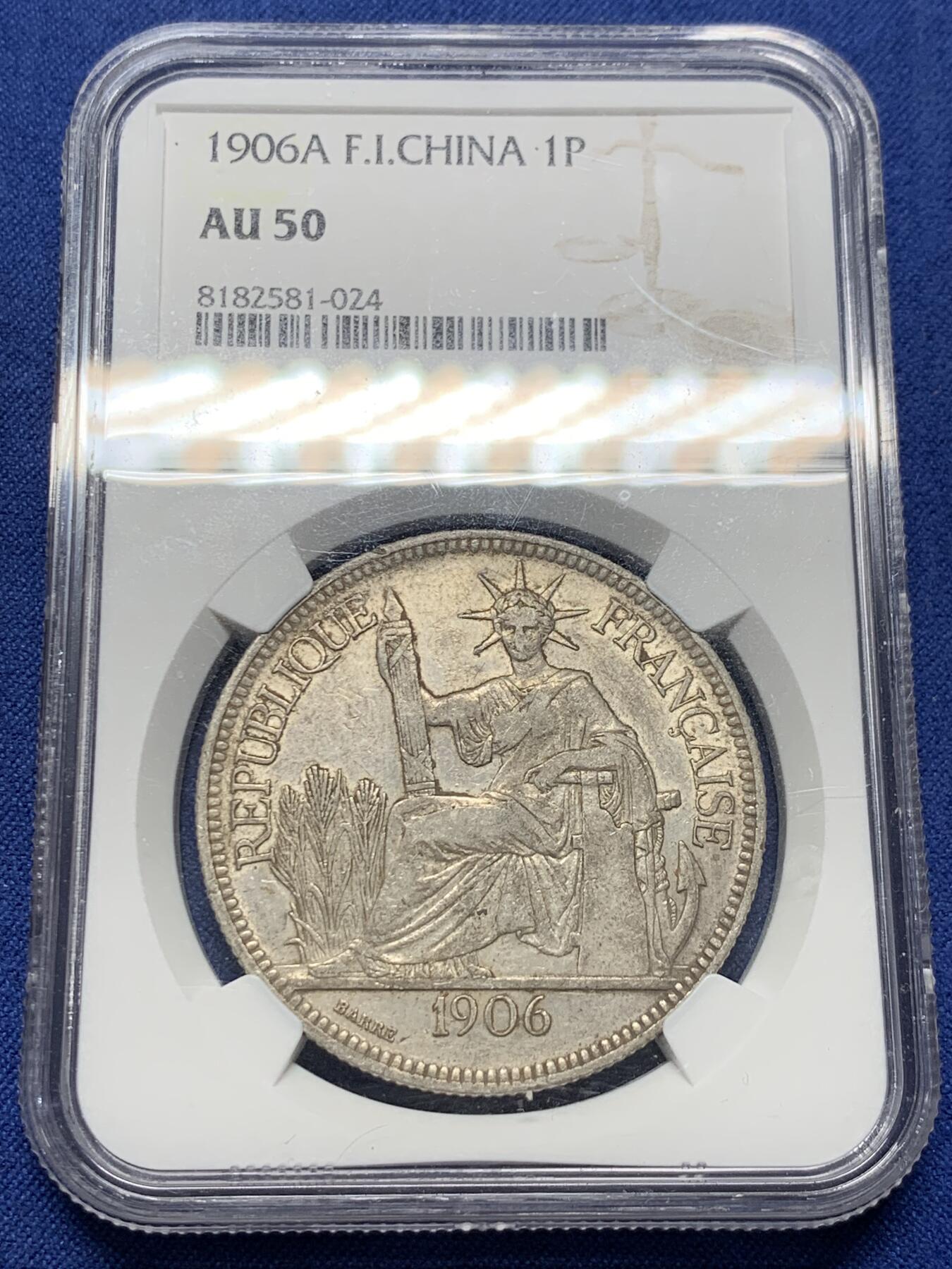 《竞宝斋》第434场 周日，周一2场连拍 （全场包邮） NGC AU50 法属印度支那 1906A 坐洋 1皮阿斯特 银币