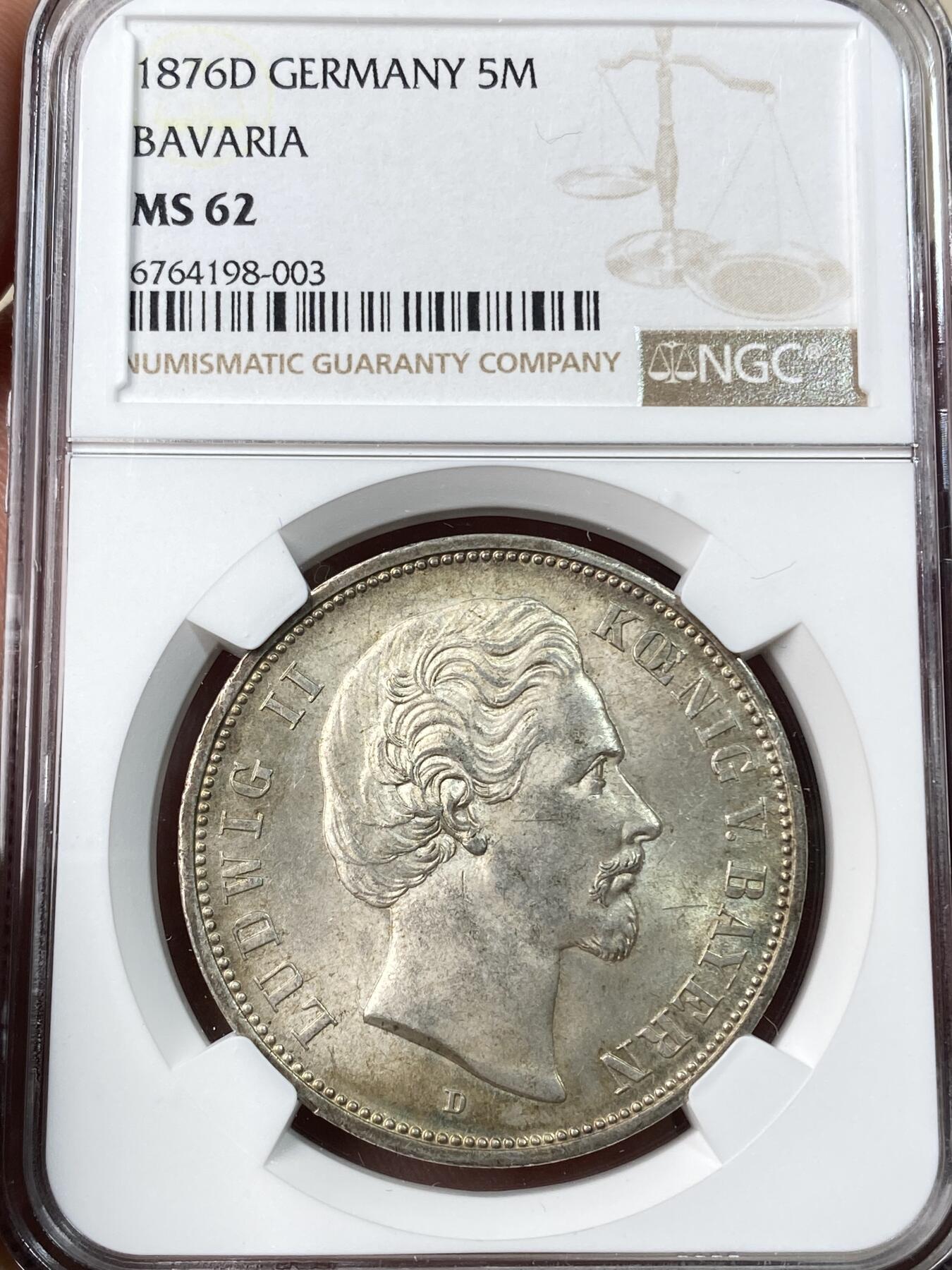 万国钱币拍卖第054期 NGC MS62 1876年德国巴伐利亚路德维希二世流通短翅5马克 超强淡金色孔雀绿转光一步到位收藏级品相 刚刚结束的日本AW拍卖63分成交价已过万