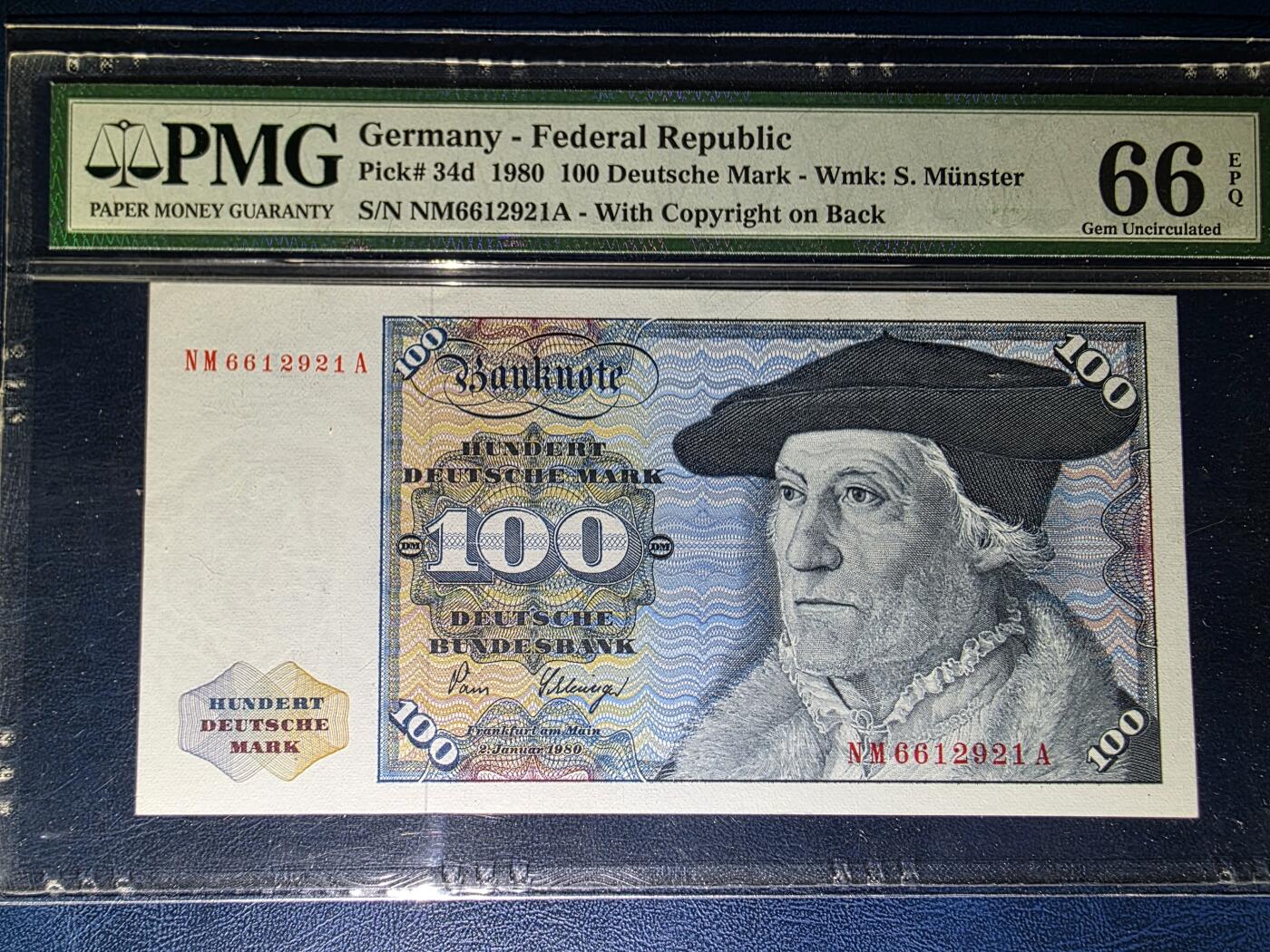 叁拾收藏第33期 德国1980年100马克PMG66（全程无47，雄鹰）