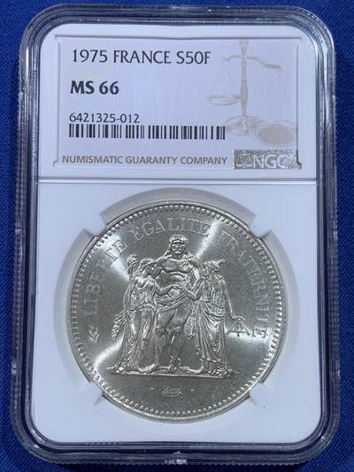 《竞宝斋》第434场 周日，周一2场连拍 （全场包邮） - NGC MS66 法国1975年大力神50法郎银币