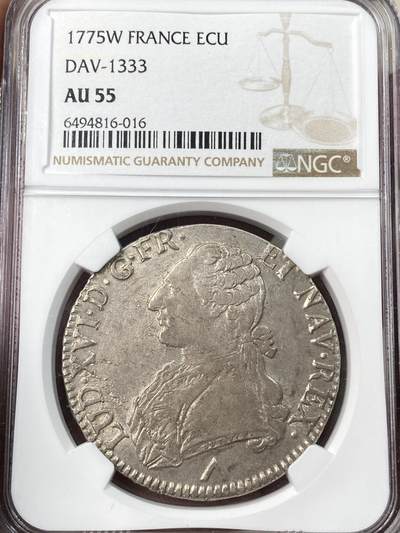 万国钱币拍卖第054期 - NGC AU55 1775年法国路易十六国王1埃居大银币 少见无减重痕深打难得