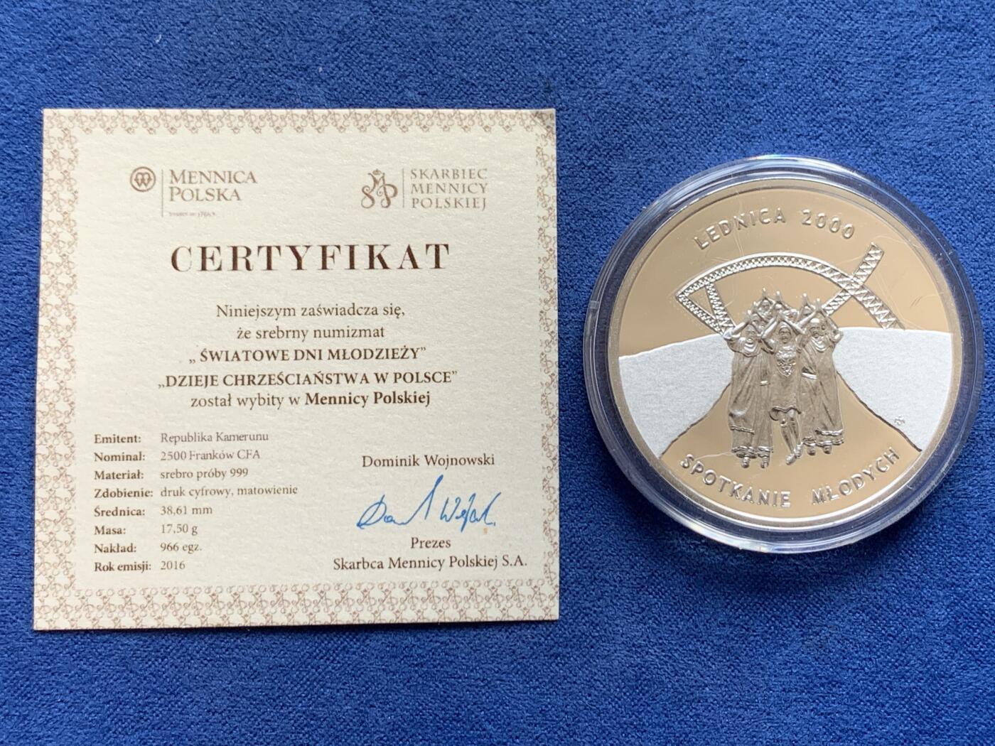 《竞宝斋》第434场 周日，周一2场连拍 （全场包邮） 喀麦隆2016年2500中非法郎彩色银币 波兰世界青年日 17.5克 999银 发行量：966 带证