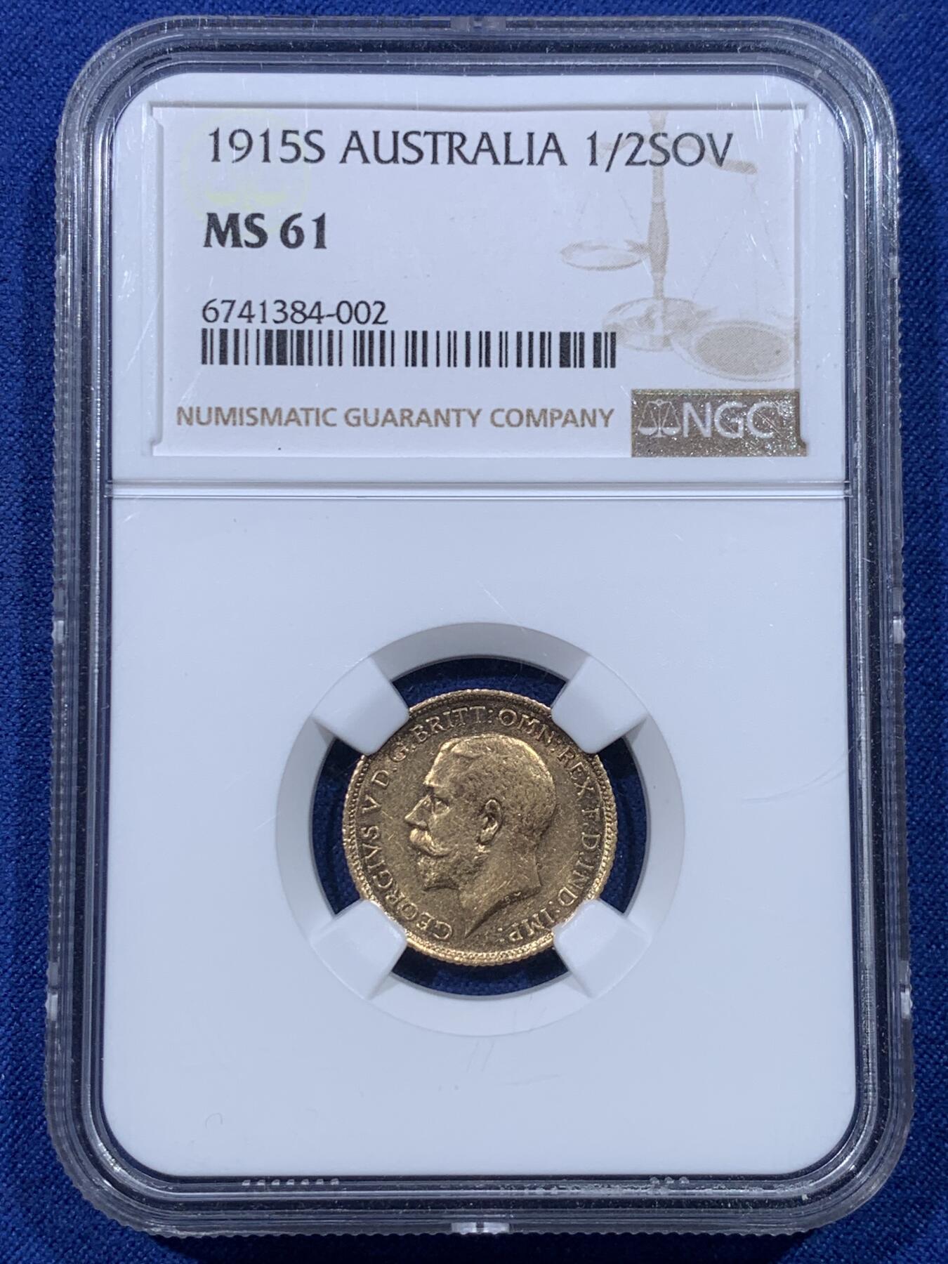 《竞宝斋》第434场 周日，周一2场连拍 （全场包邮） NGC MS61 澳大利亚 1915S 乔治五世 马剑 1/2SOV 金币，917金，3.994克，金价高涨的时候适合入手