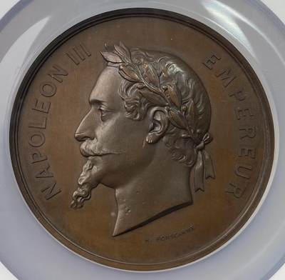 万国钱币拍卖第054期 - NGC MS63 1859年法国拿破仑三世纪念郊区公社合并大铜章 罕见法国双女神高浮雕大铜 72MM 211G 顶级收藏品质