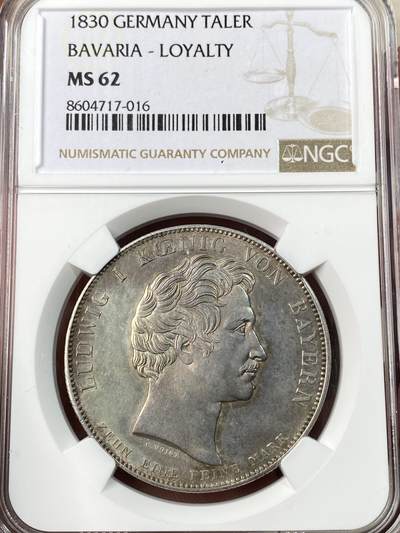 万国钱币拍卖第054期 - NGC MS62 1830年德国巴伐利亚忠于皇室历史大泰勒 路德维希一世敕令发行 用于感激1830年德国社会主义运动中巴伐利亚人民对王室的忠诚 