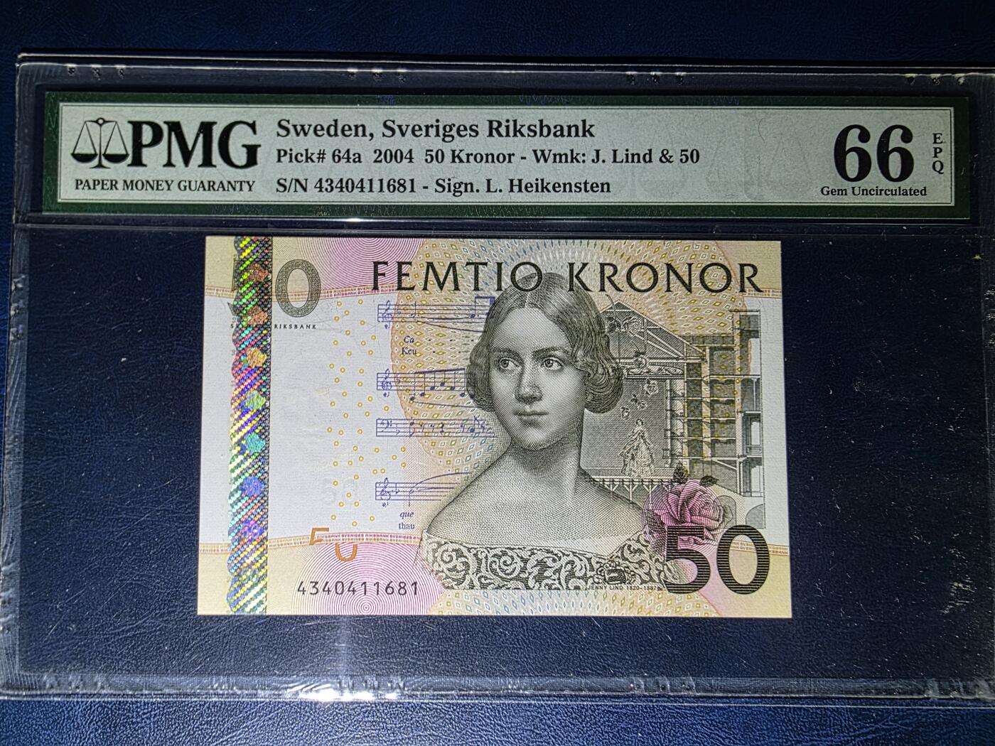 叁拾收藏第33期 瑞典2004年再版首发年份50克朗夜莺珍妮林德PMG66（全程无4）