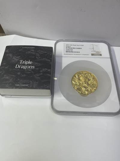 2022年乍得三龙戏珠银币，3盎司999纯银镀金，NGC PF70超cameo评级。编号208/500，品相完美。带原盒原证，收藏佳品 - 2022年乍得三龙戏珠银币，3盎司999纯银镀金，NGC PF70超cameo评级。编号208/500，品相完美。带原盒原证，收藏佳品