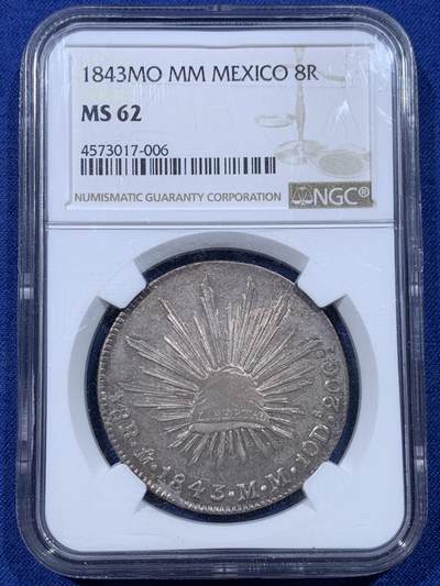 《竞宝斋》第434场 周日，周一2场连拍 （全场包邮） - NGC MS62  墨西哥 1843年 早期8R 鹰洋 全羽状态 确实不易